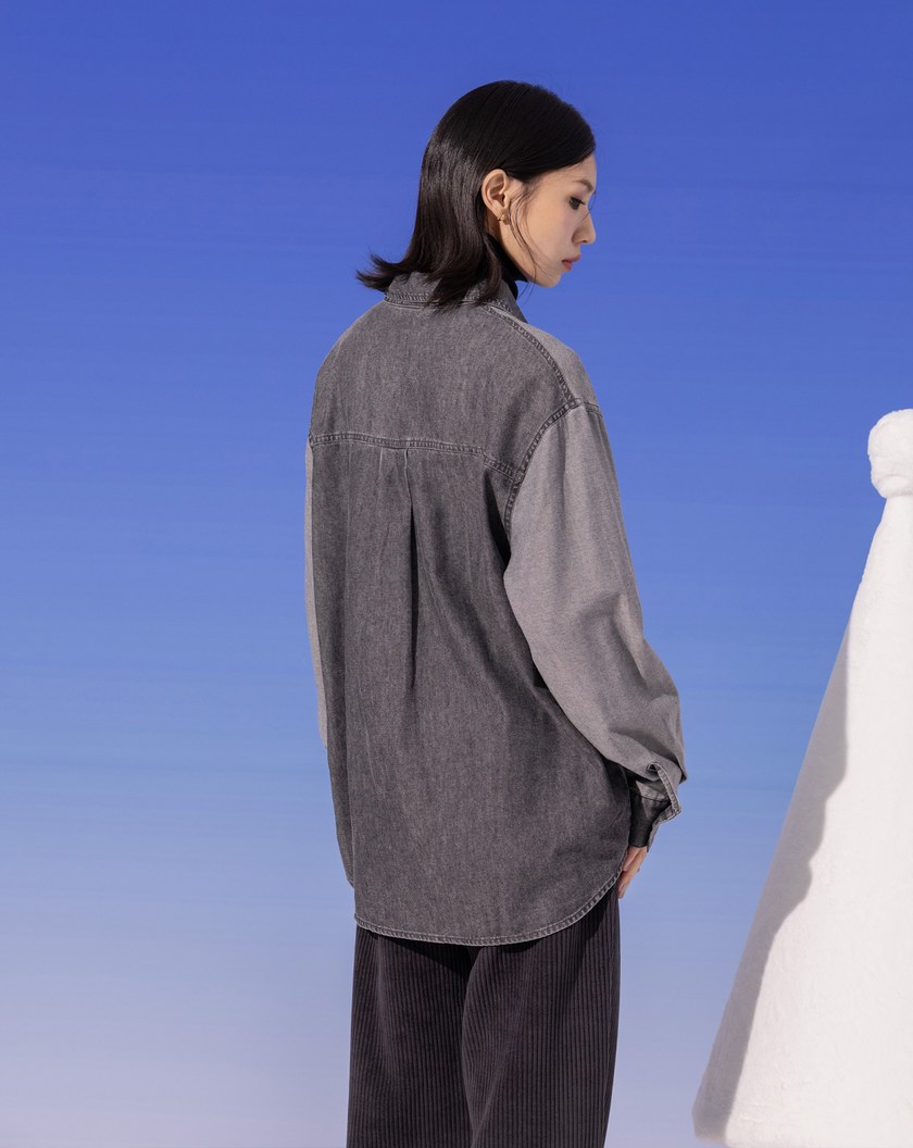 ➤水洗牛仔拼接長袖襯衫(兩色)