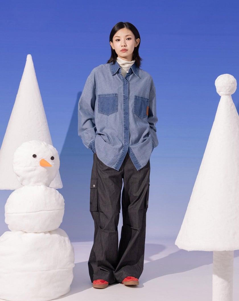 ➤水洗牛仔拼接長袖襯衫(兩色)