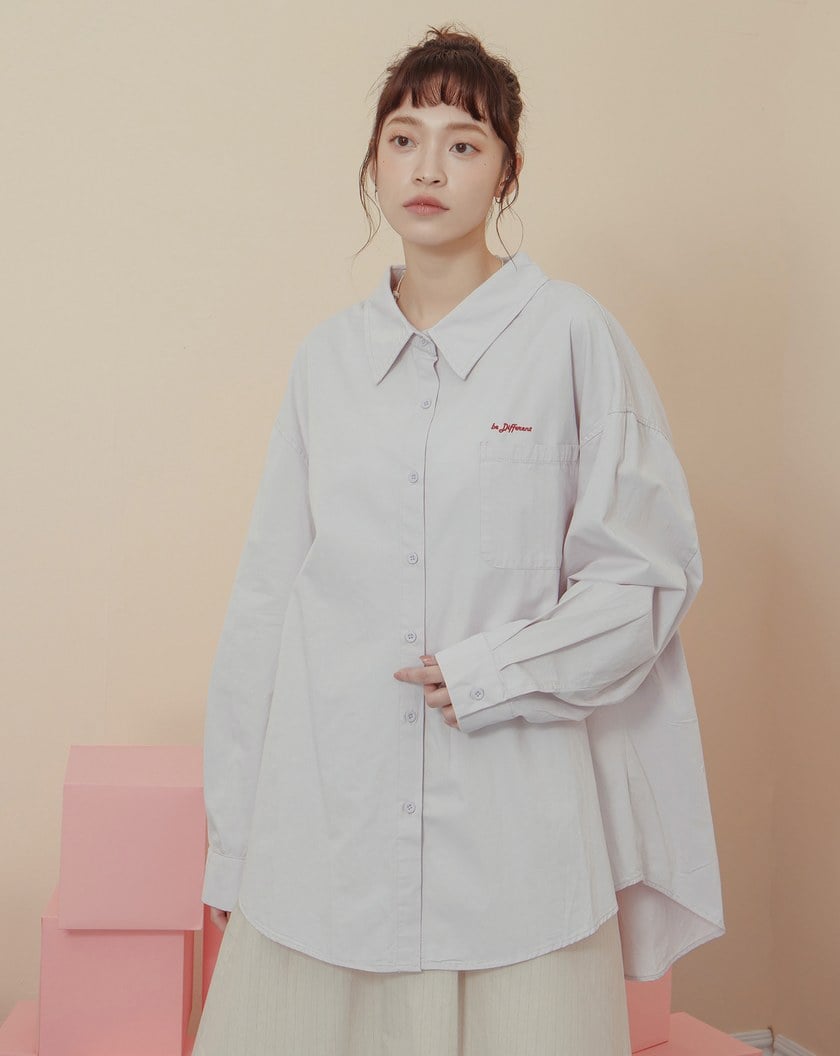 ➤抗皺英文標語繡花純棉長袖襯衫(兩色)