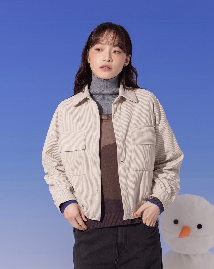 ➤微笑條絨抽繩長袖襯衫(三色)