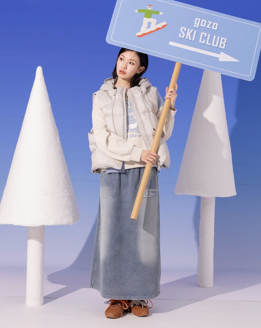 水洗牛仔口袋造型標語繡花長裙