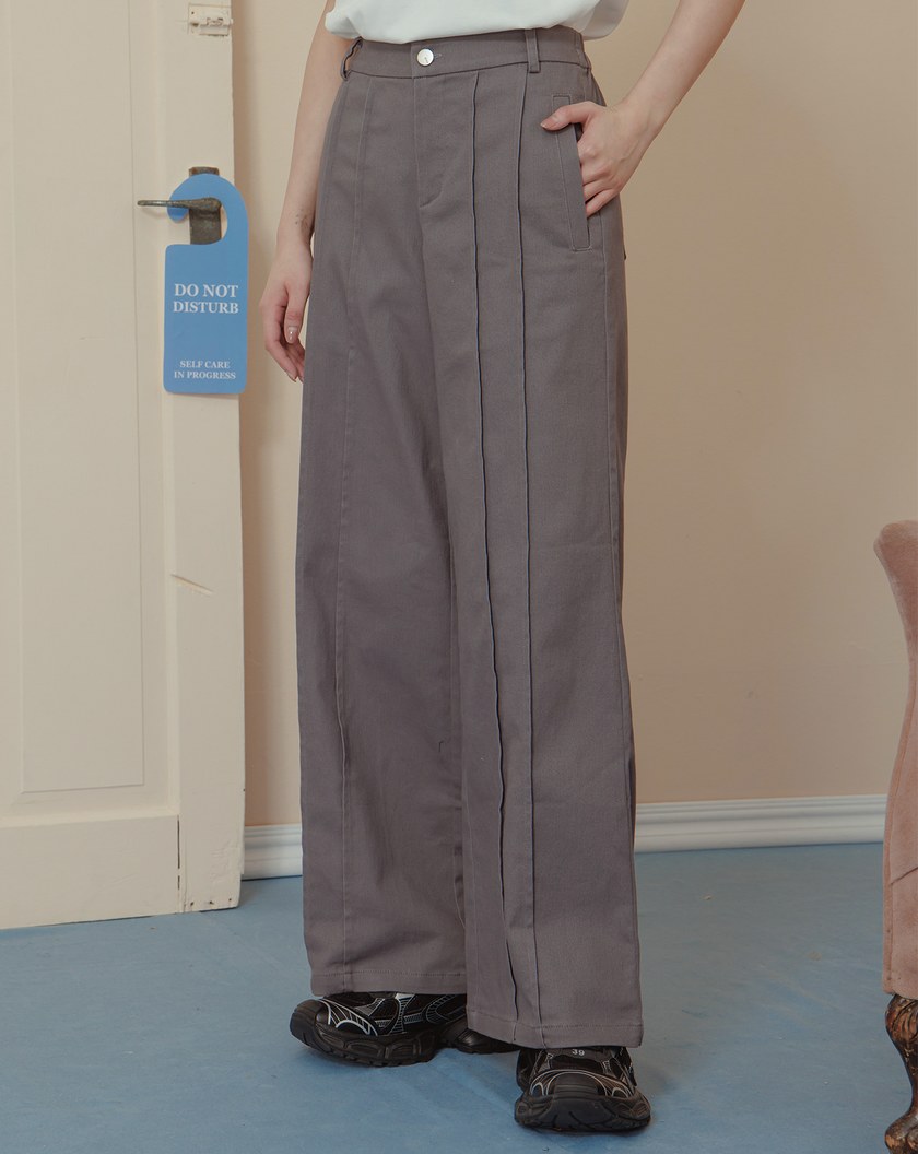 好比例不對稱壓線直筒寬褲(兩色)