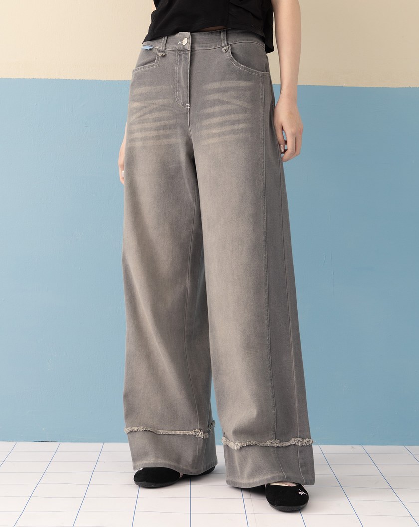 ◢shadow修容雙色拼接牛仔寬褲(兩色)