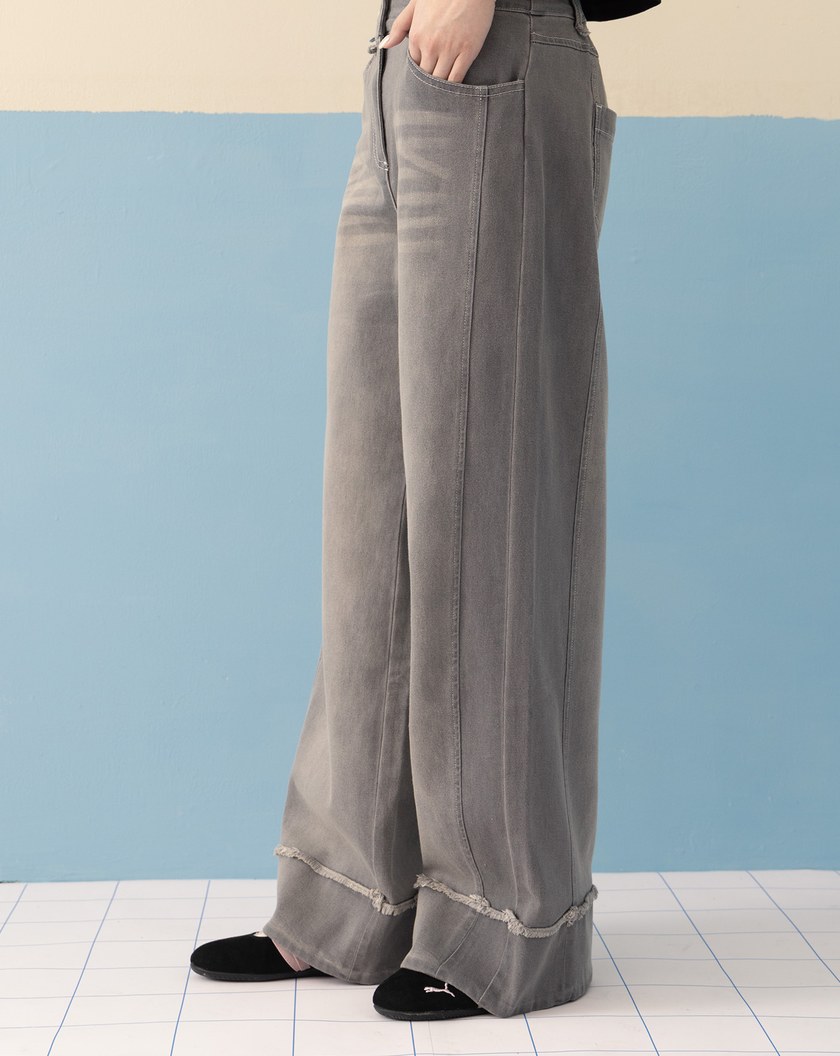 ◢shadow修容雙色拼接牛仔寬褲(兩色)