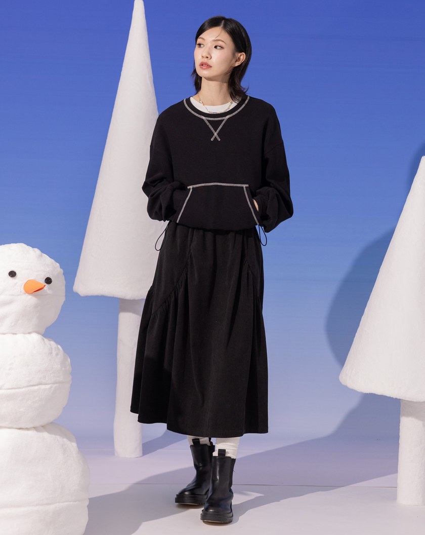 假兩件異材質拼接密拷造型抽繩洋裝(兩色)