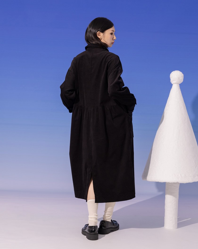 ➤洗滌小標半開襟條絨長袖洋裝(兩色)