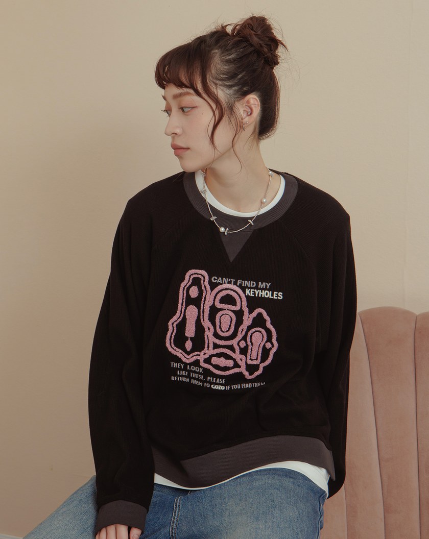 找不到鑰匙立體繡花羅紋拼接大學T(兩色)