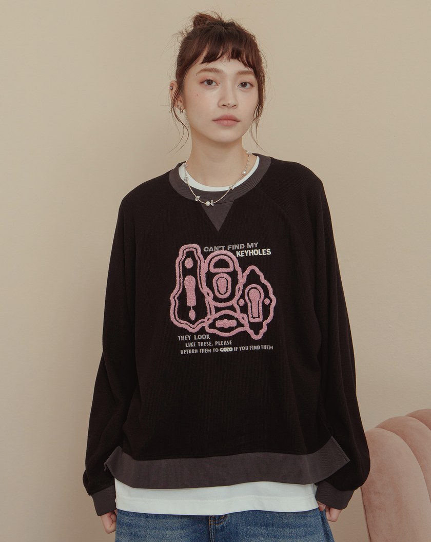 找不到鑰匙立體繡花羅紋拼接大學T(兩色)