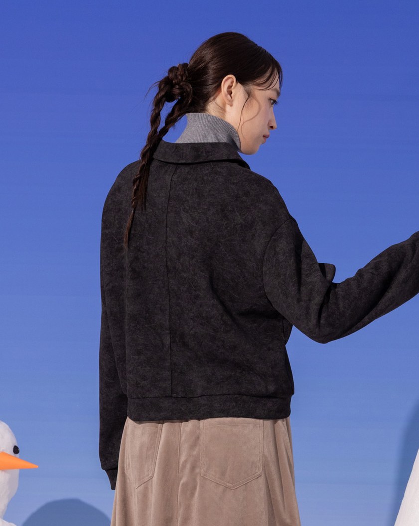 特殊蠟洗立體修身剪接短版polo領上衣(兩色)