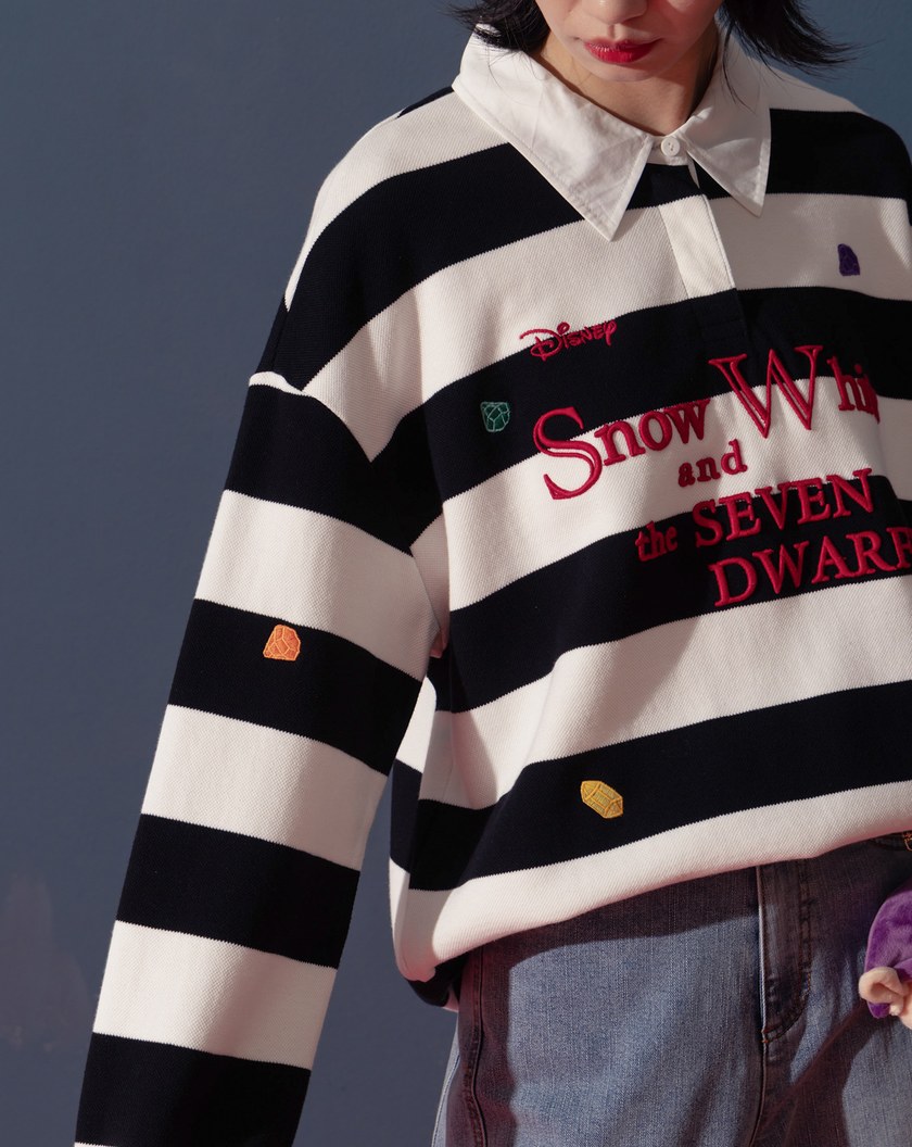 迪士尼系列 寶石繡花條紋長袖POLO衫(兩色)