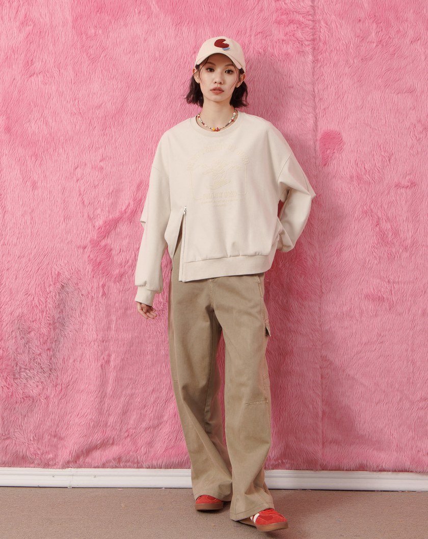 奶奶滑雪條絨拉鍊造型大學T(兩色)