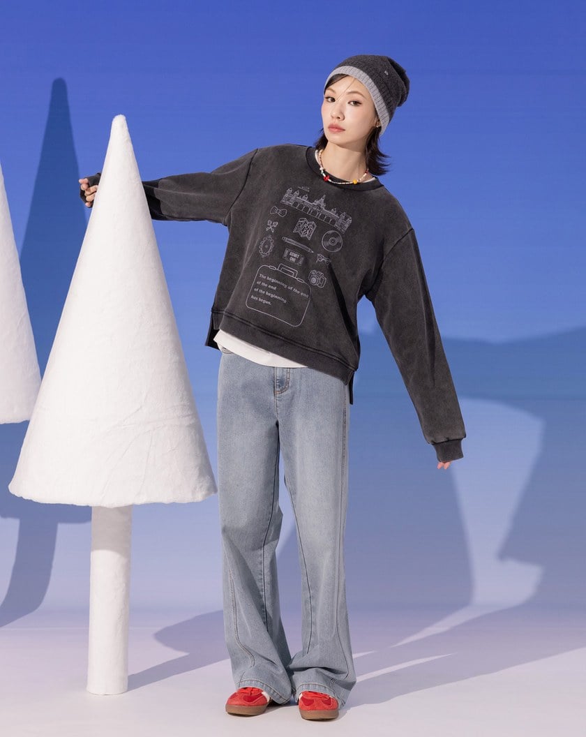 線條圖案印花洗舊感純棉大學T