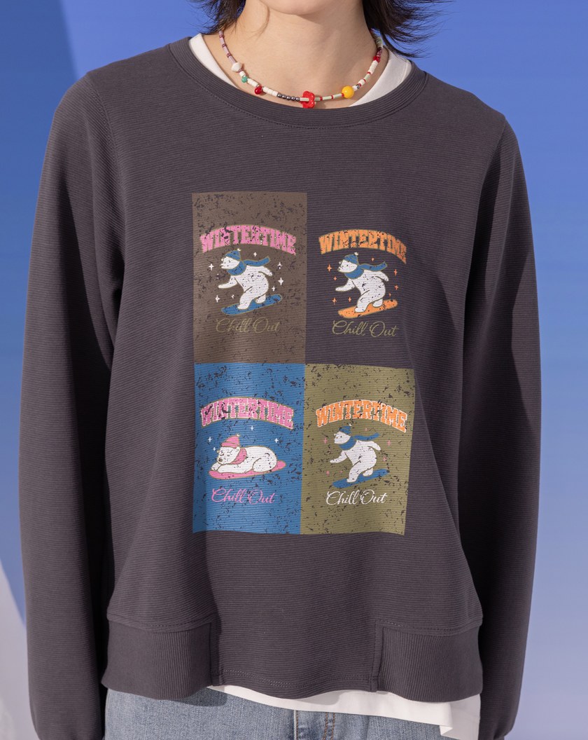 北極熊滑雪印花立體織紋大學T(兩色)