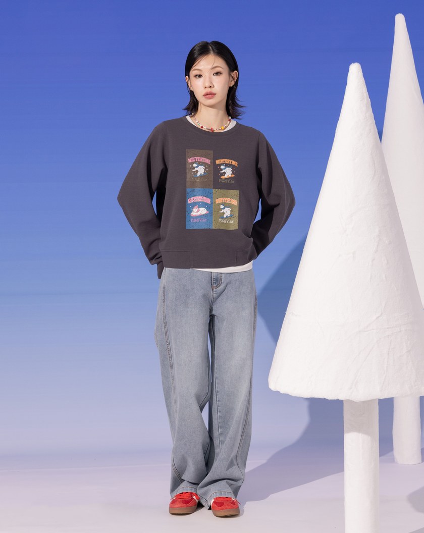 北極熊滑雪印花立體織紋大學T(兩色)