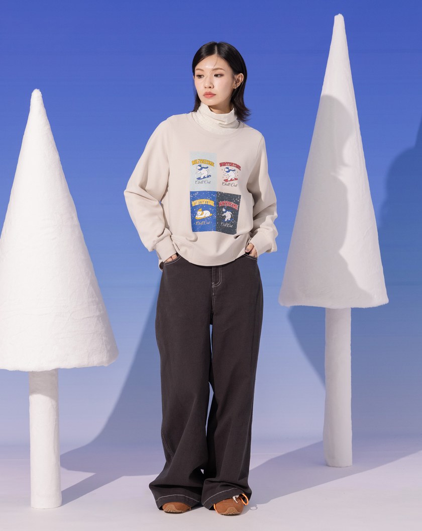 北極熊滑雪印花立體織紋大學T(兩色)