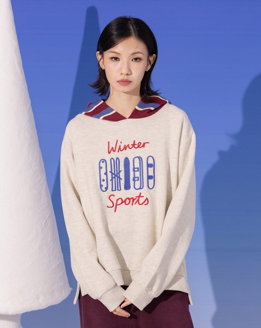 滑雪板繡花拼接條紋針織帽T(兩色)