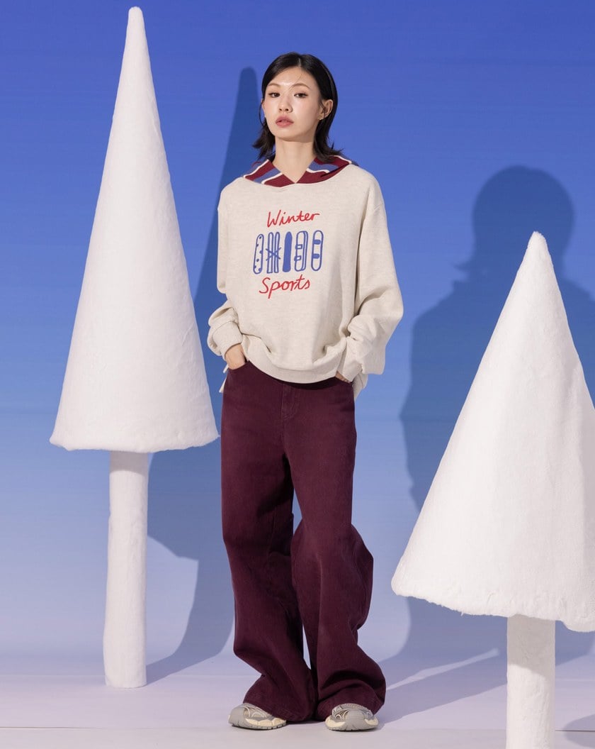 滑雪板繡花拼接條紋針織帽T(兩色)