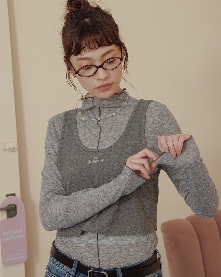 緹花背心木耳邊透膚內搭兩件式上衣(兩色)