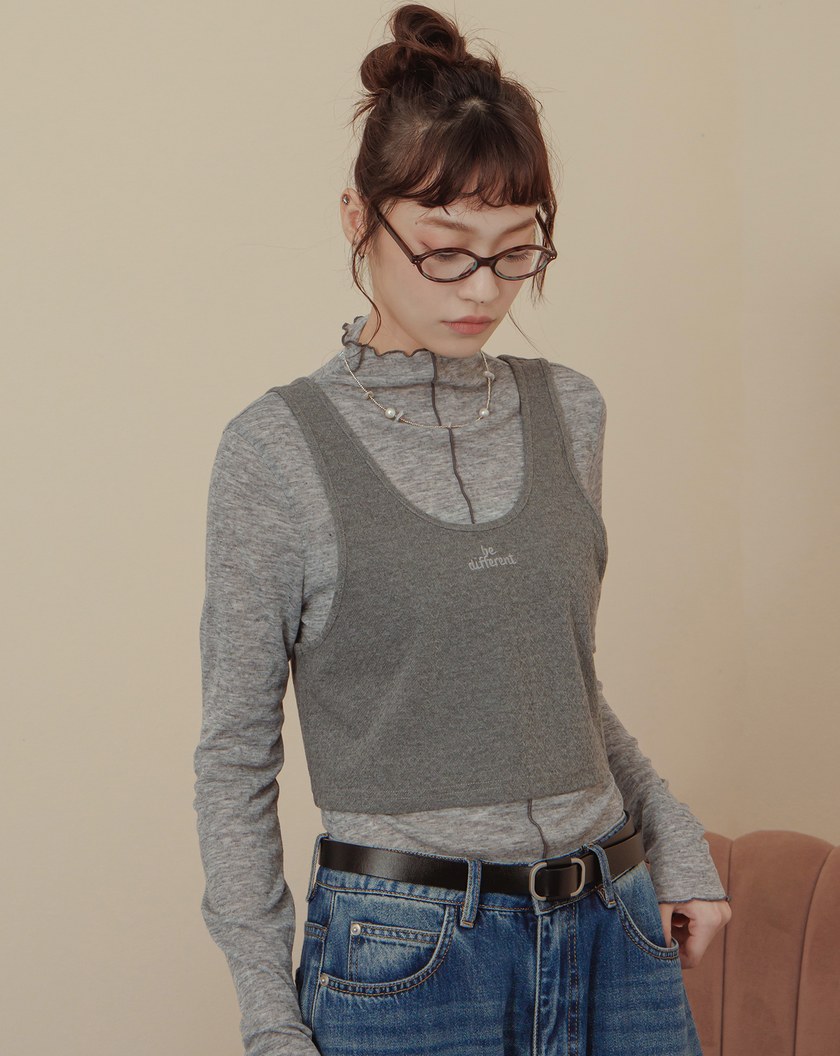 緹花背心木耳邊透膚內搭兩件式上衣(兩色)