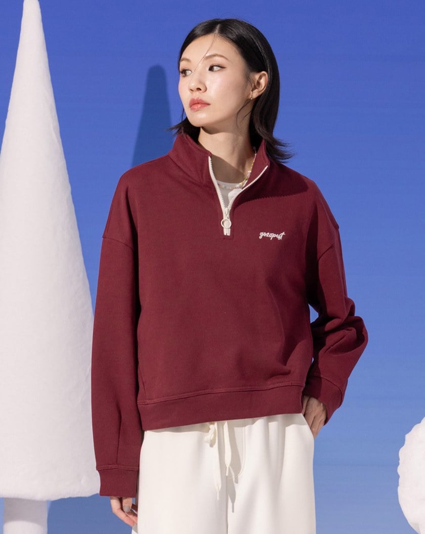 造型半開襟拉鍊側口袋短版上衣(兩色)