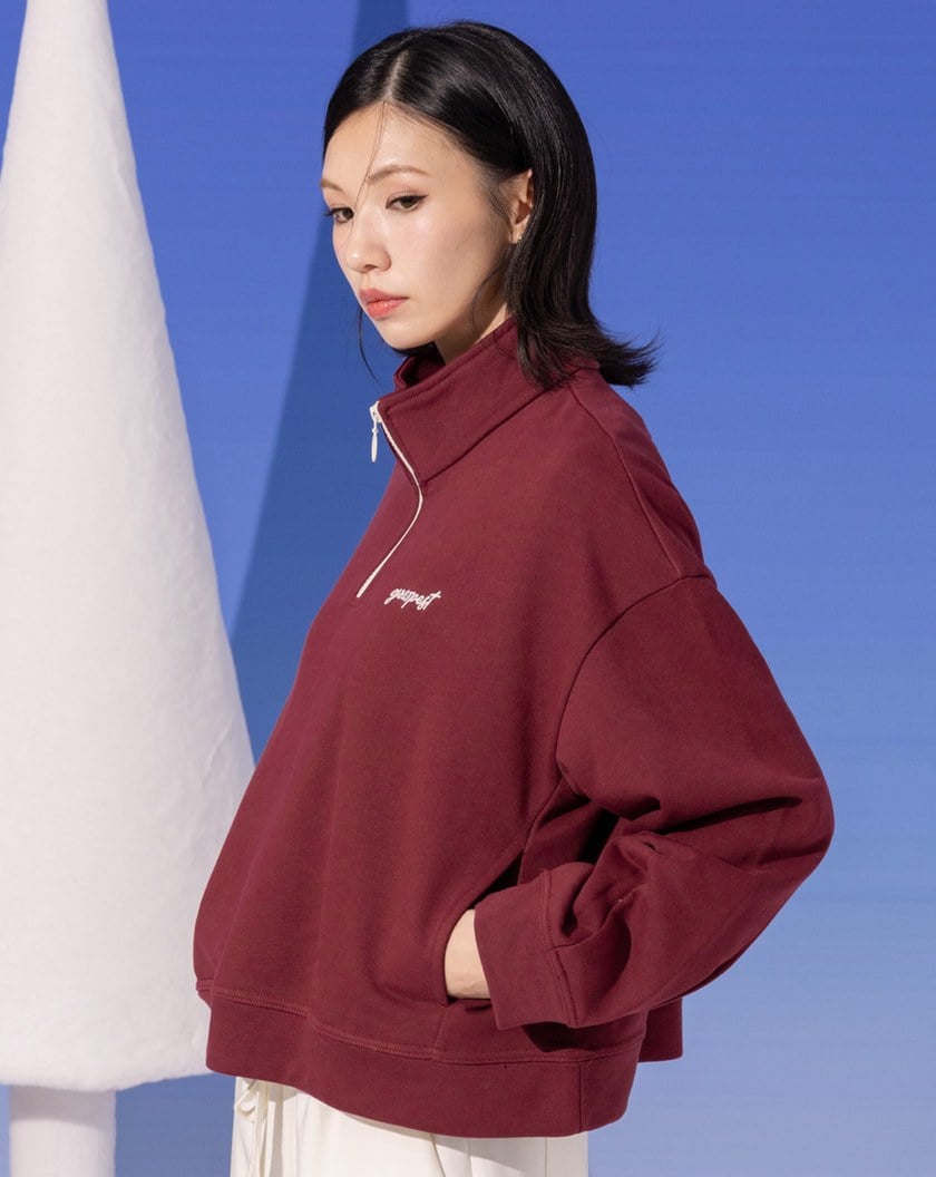 造型半開襟拉鍊側口袋短版上衣(兩色)