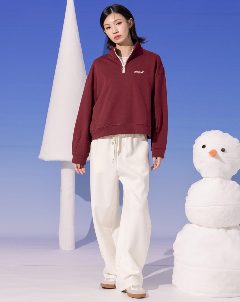 造型半開襟拉鍊側口袋短版上衣(兩色)