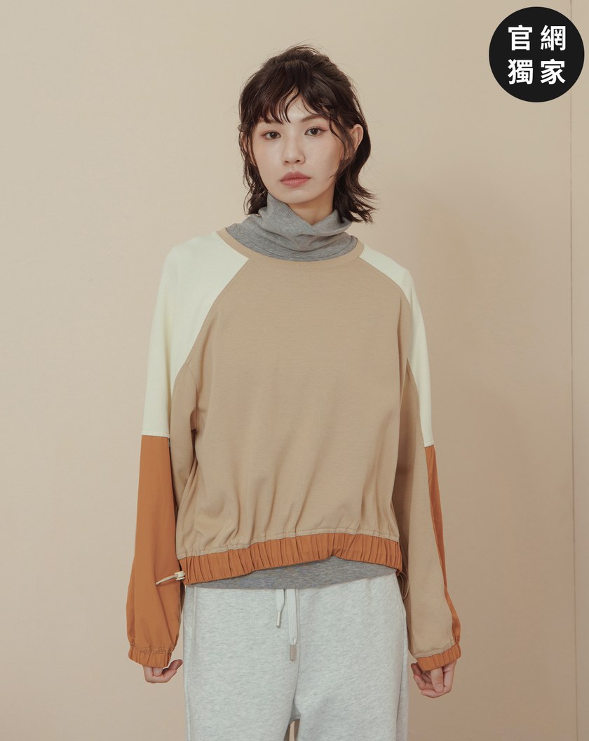 ➤異材質拼接下擺抽繩大學T(兩色)