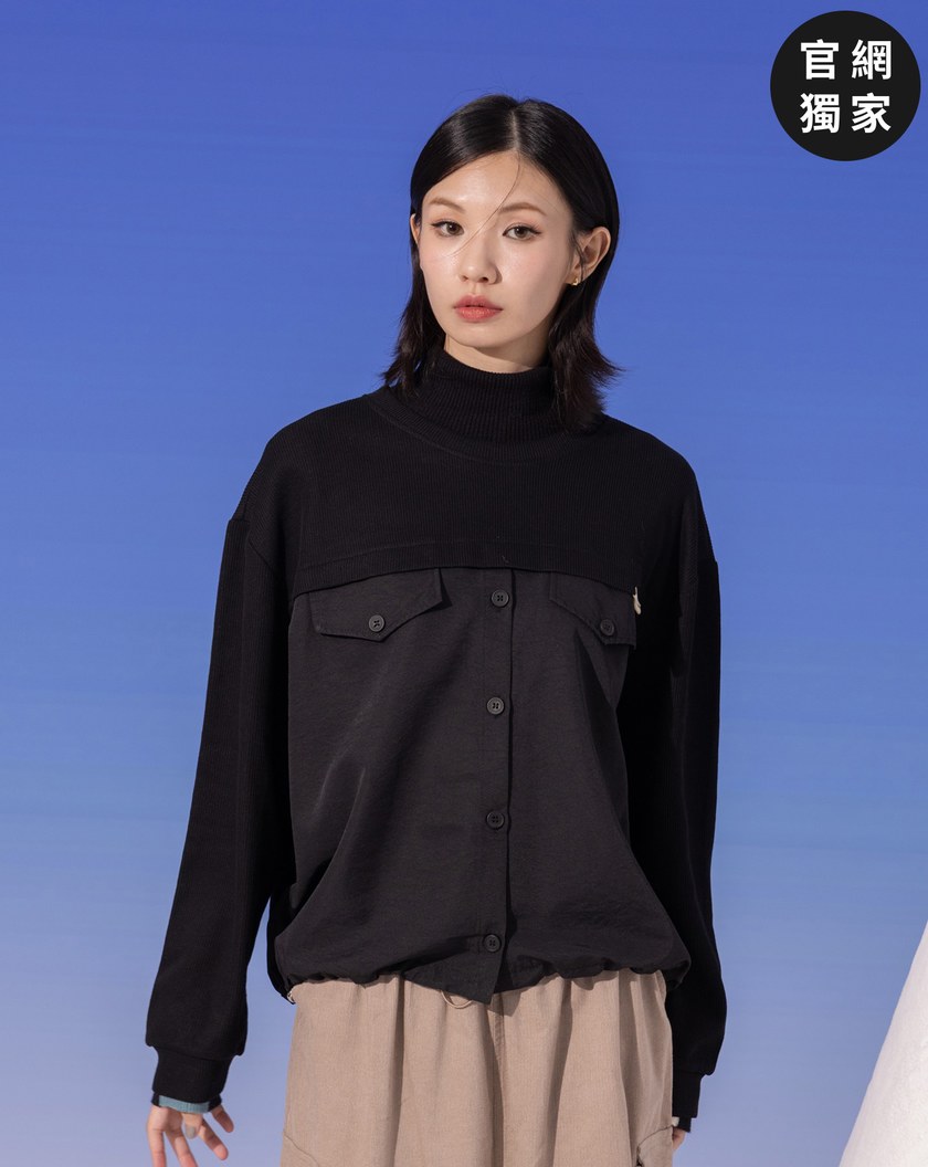 ➤異材質拼接抽繩傘狀大學T(兩色)