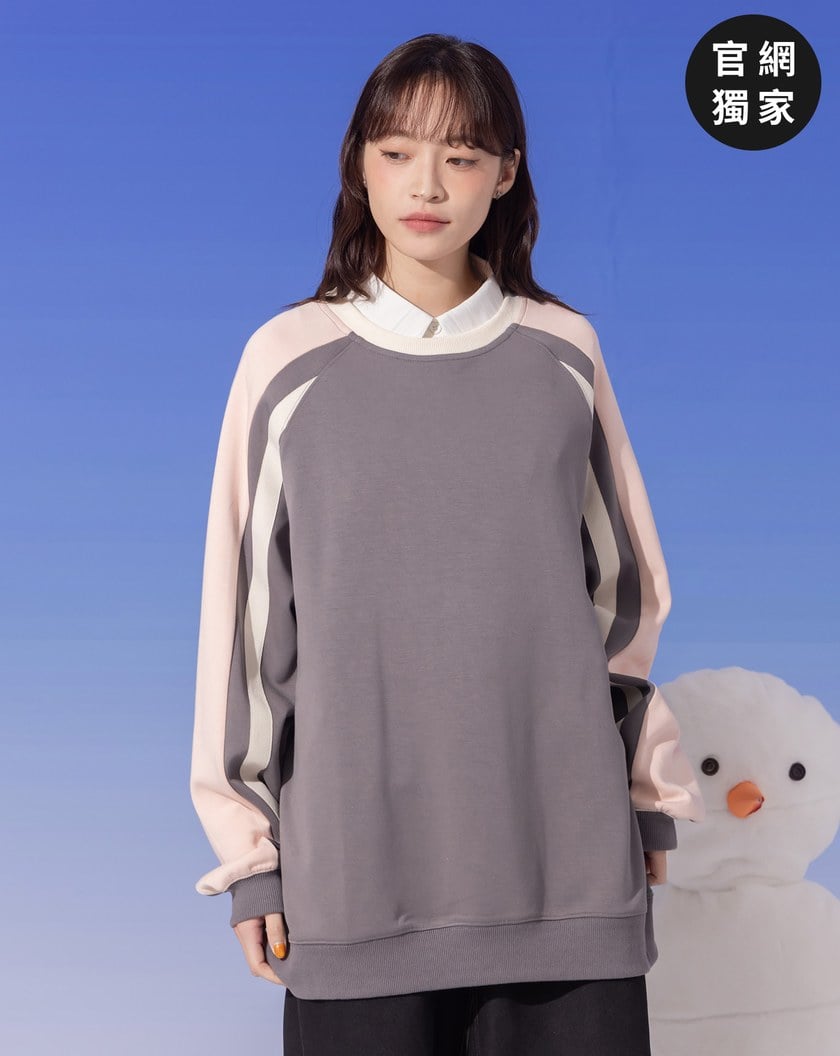 ➤運動風條紋織帶拼接大學T(兩色)