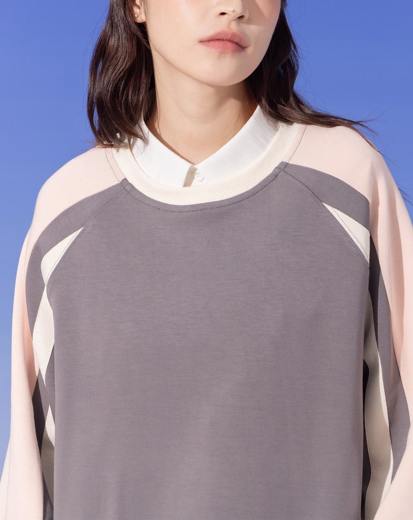 ➤運動風條紋織帶拼接大學T(兩色)