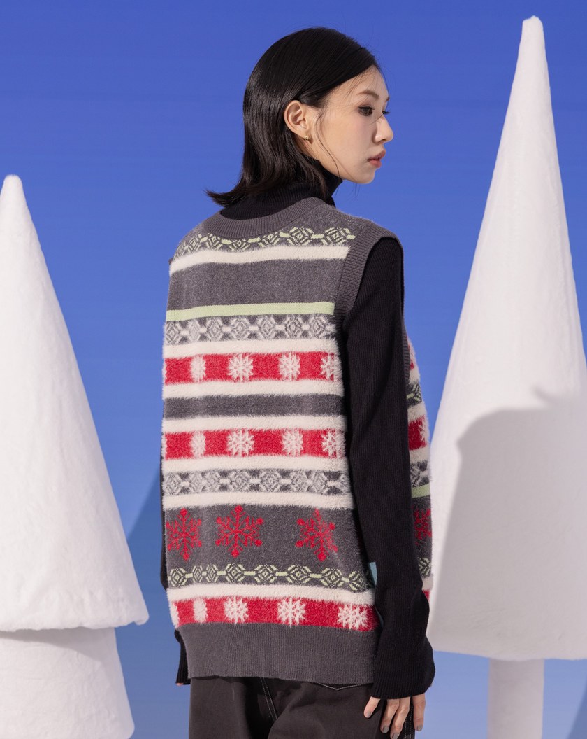 雪花圖騰毛絨V領毛衣背心(兩色)