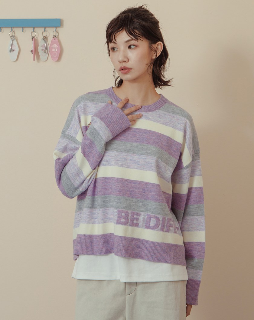 抗起球羊毛絨配色寬條紋針織毛衣(兩色)