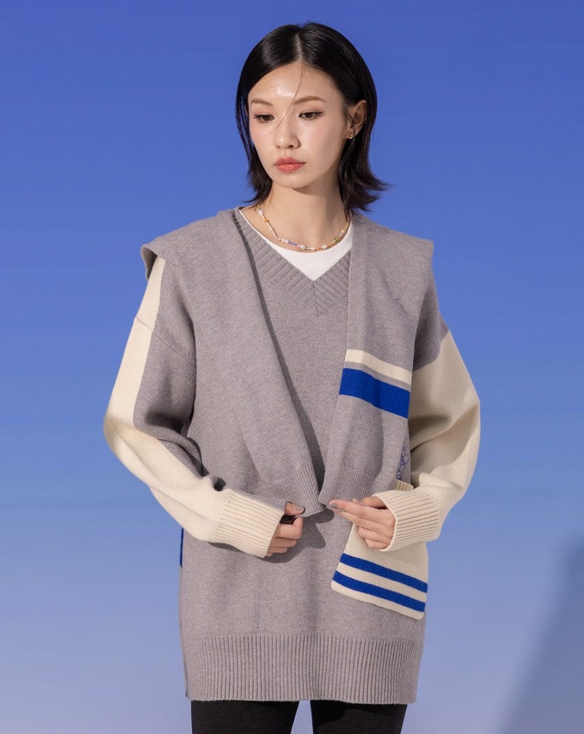 滑雪女王配色大口袋V領針織毛衣(兩色)