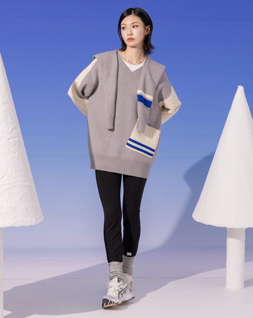 滑雪女王配色大口袋V領針織毛衣(兩色)