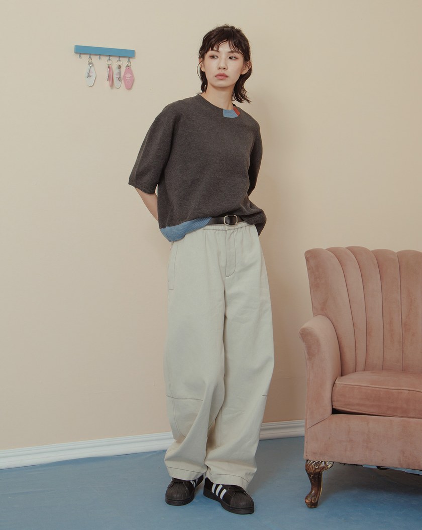 線條色塊拼接短袖針織上衣(兩色)