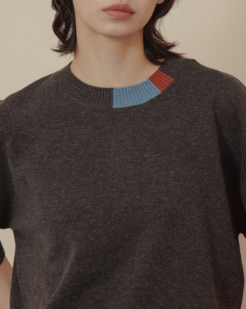 線條色塊拼接短袖針織上衣(兩色)