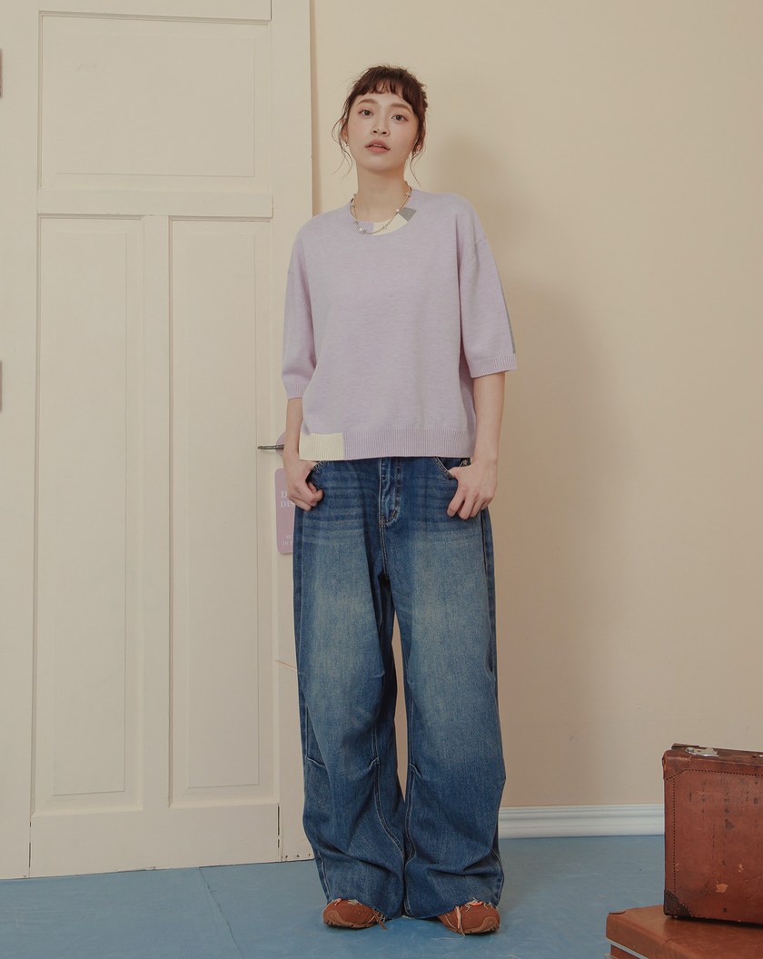 線條色塊拼接短袖針織上衣(兩色)