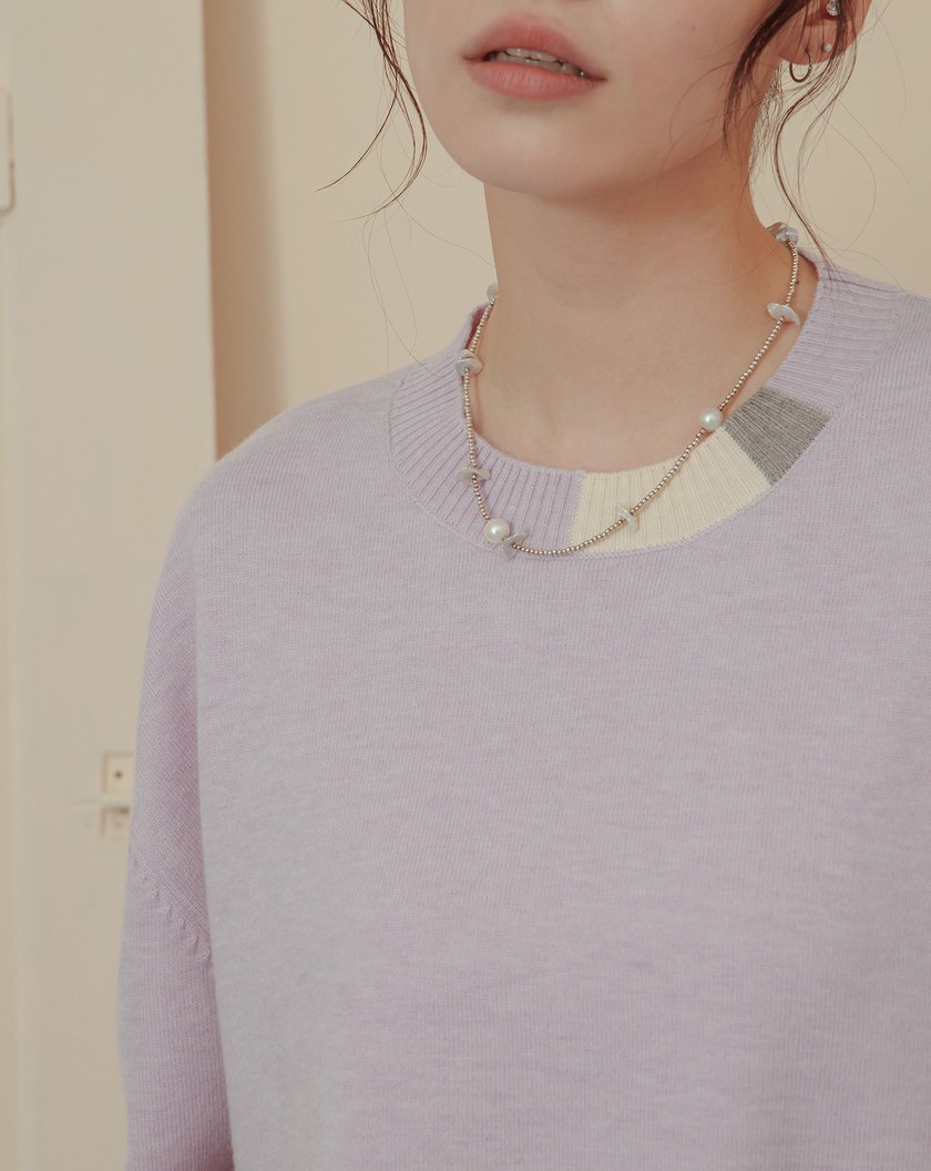 線條色塊拼接短袖針織上衣(兩色)