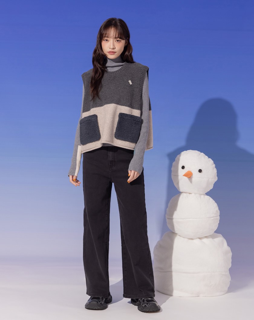 ➤QQ毛口袋配色毛衣背心(兩色)