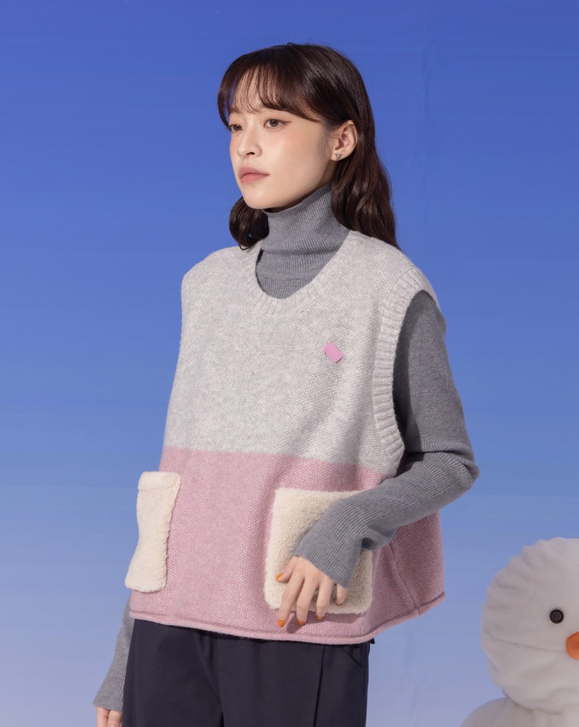 ➤QQ毛口袋配色毛衣背心(兩色)