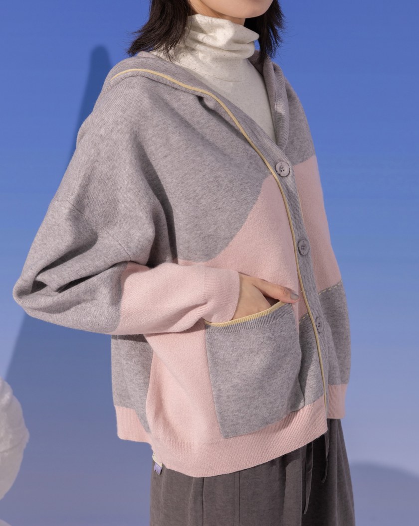 ➤抗起球色塊造型針織連帽外套(兩色)