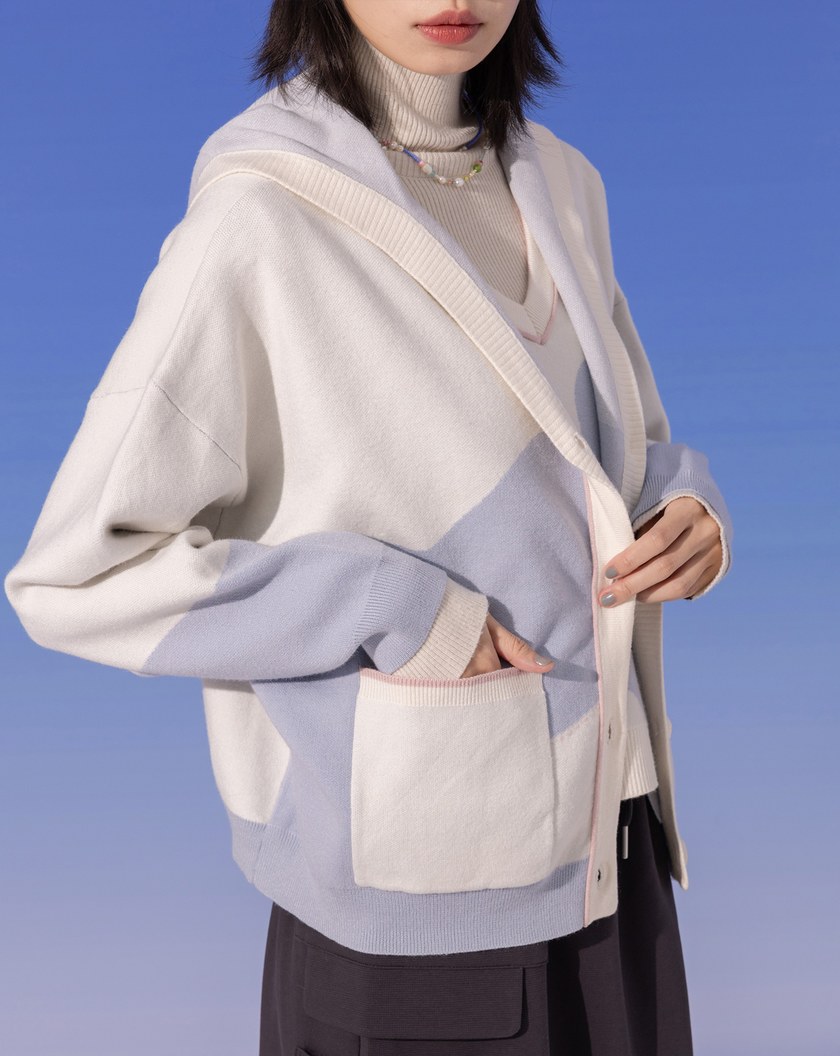 ➤抗起球色塊造型針織連帽外套(兩色)