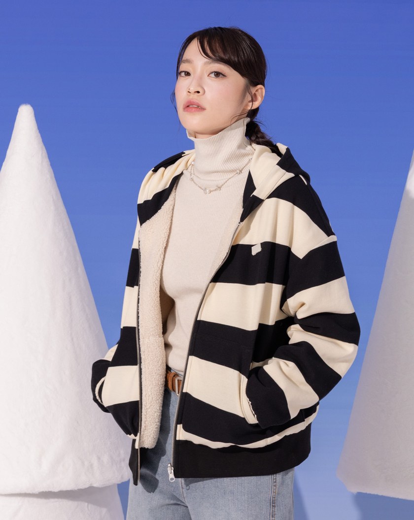 雙面穿泰迪絨條紋連帽外套