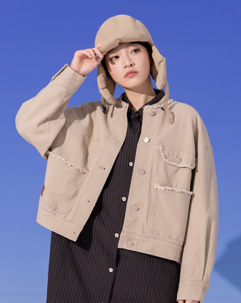 保暖絨毛內裡立領抽鬚造型外套(兩色)