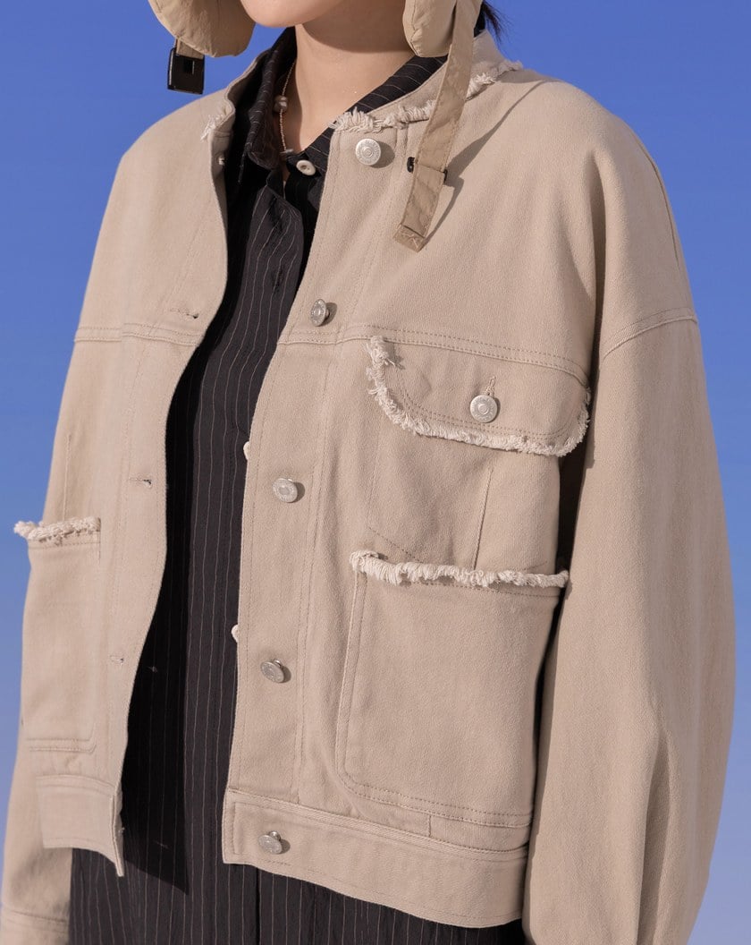 保暖絨毛內裡立領抽鬚造型外套(兩色)