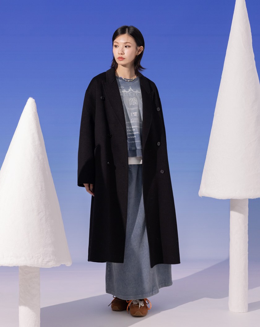 雙色拼接假兩件連帽羊毛長大衣(兩色)