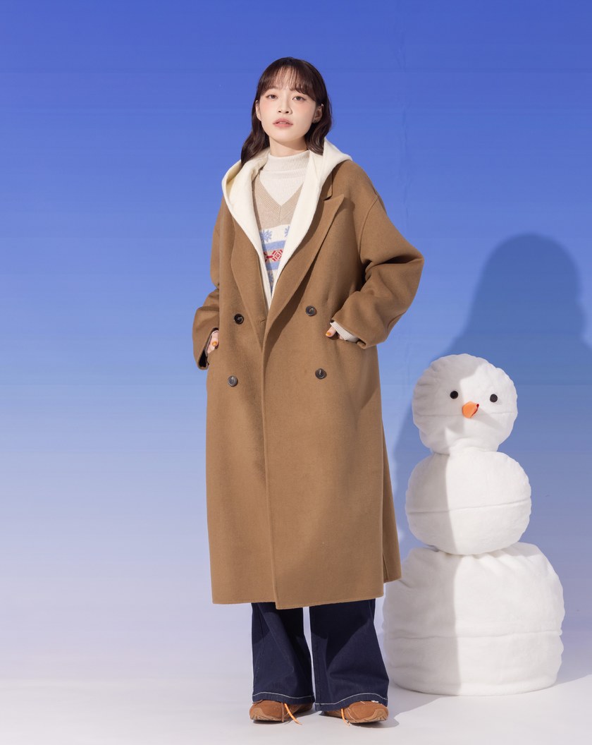雙色拼接假兩件連帽羊毛長大衣(兩色)