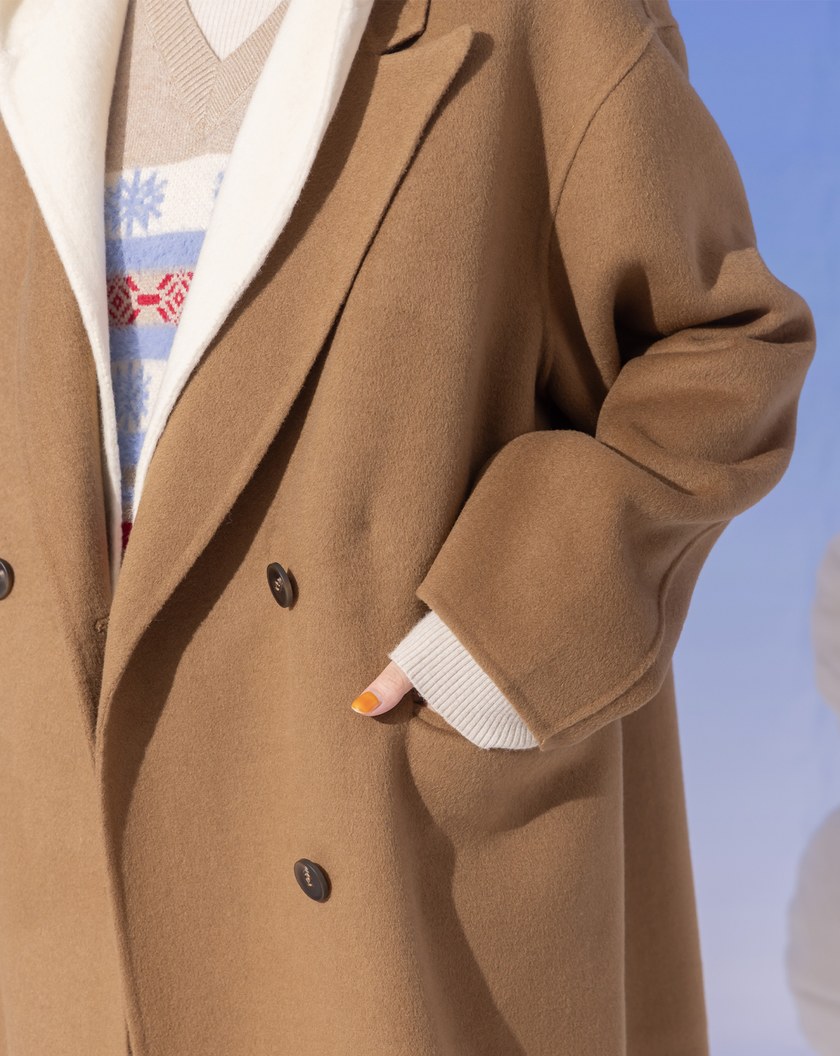 雙色拼接假兩件連帽羊毛長大衣(兩色)