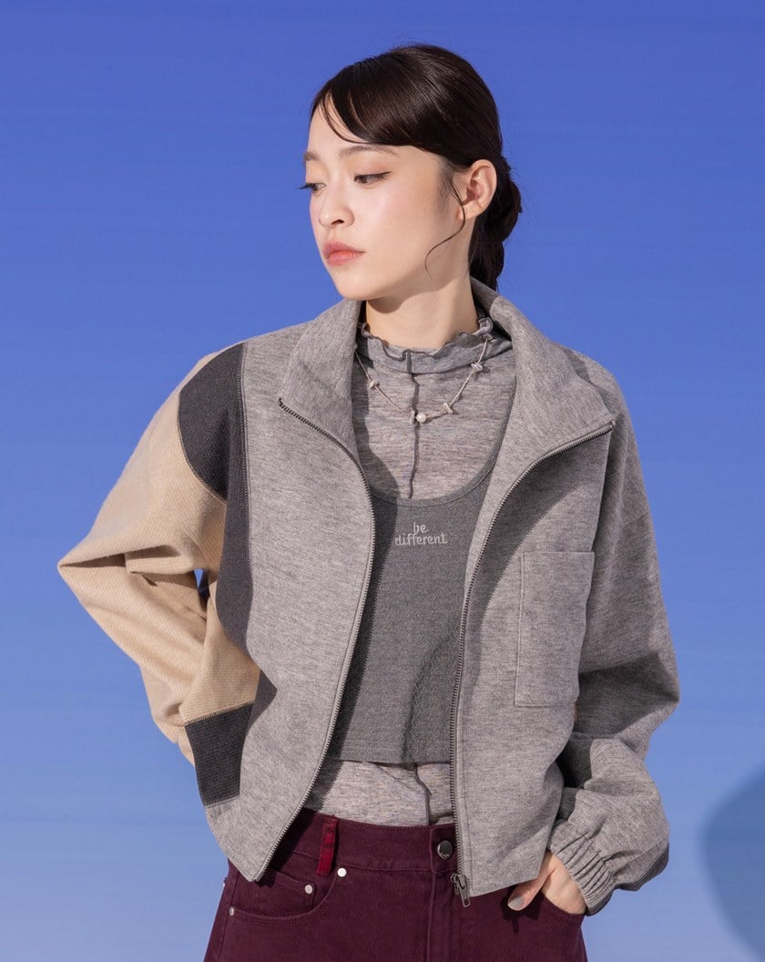 異材質拼色立領廓型外套