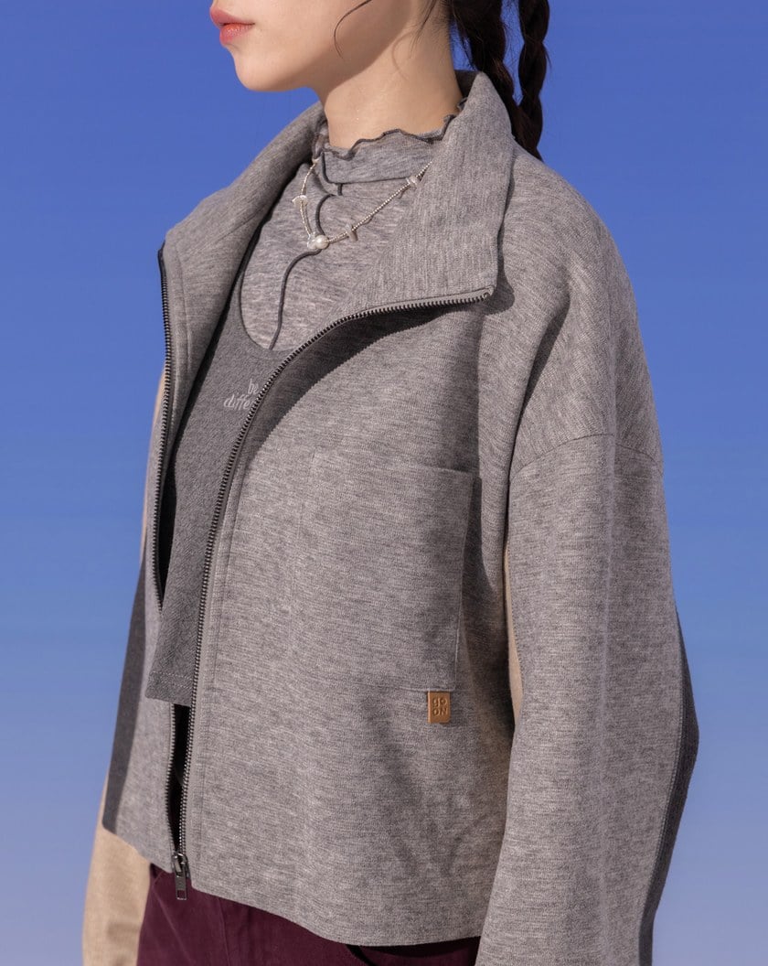 異材質拼色立領廓型外套